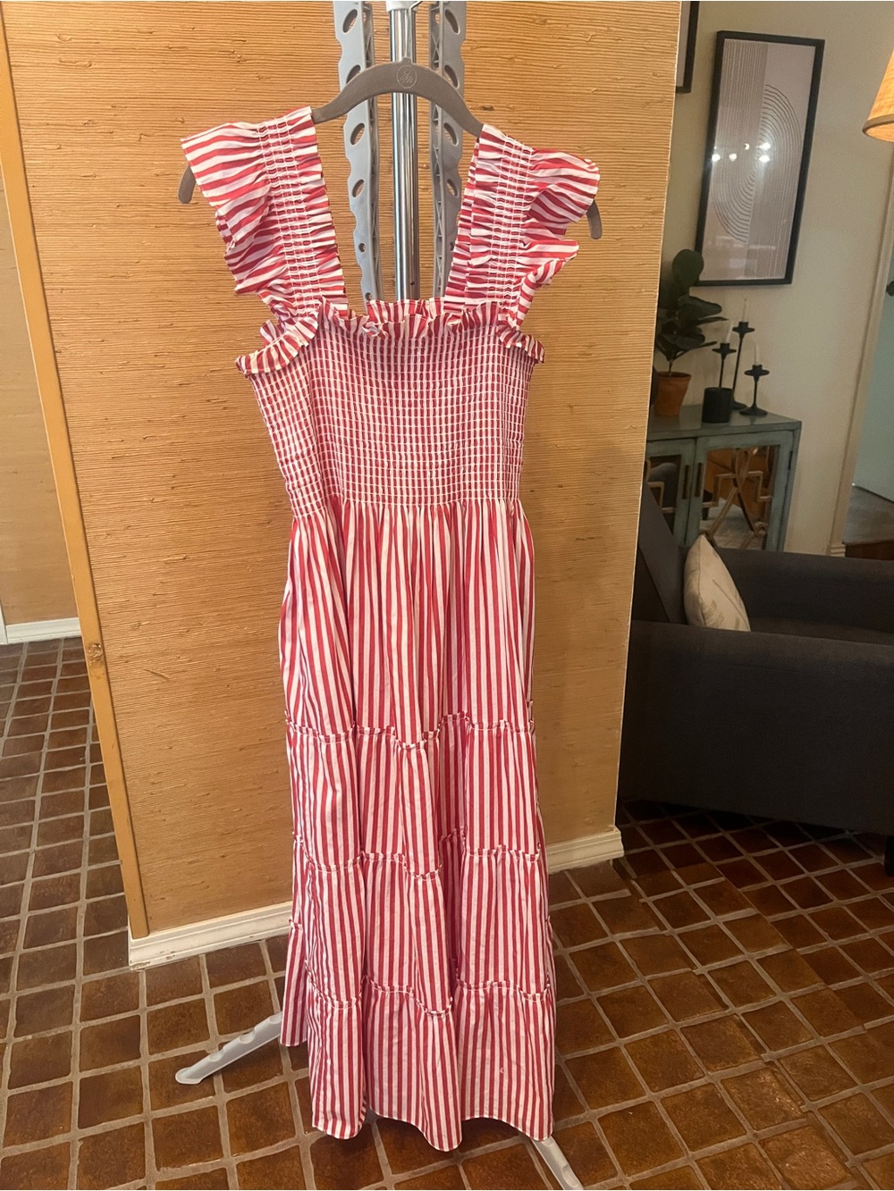 Hill House Red and White Striped Ruffle Midi Dress